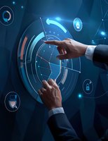 Businessman hands touching futuristic circular interface with security icons and glowing elements on dark background, demonstrating digital transformation concept.