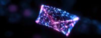 Glowing digital network connections in purple and blue neon colors on dark background, abstract technology concept visualization for modern communications.