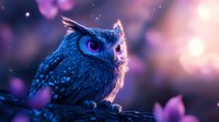 Mystical blue owl perched on branch with glowing purple bokeh lights creating magical nighttime atmosphere for fantasy and nature designs.