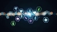 Digital healthcare technology network with medical icons floating over blurred city lights background for modern telemedicine and health innovation concepts.