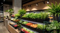 Modern grocery store produce section with fresh vegetables and fruits displayed on sleek shelving units surrounded by lush green plants in contemporary retail space.