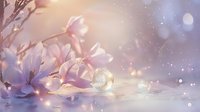 Dreamy magnolia flowers with crystal spheres in soft pink and purple light with magical bokeh effects for romantic spring designs.