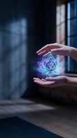 Hands protecting glowing lotus flower with om symbol in holographic light representing spiritual energy, meditation, mindfulness and inner peace concepts.