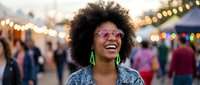 Happy young African American woman with curly afro hair and pink sunglasses laughing joyfully at outdoor festival with colorful lights and crowd in background.