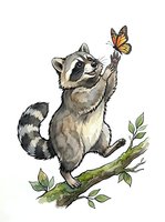 Curious raccoon standing on branch reaching toward orange butterfly, isolated on white background. Charming wildlife illustration suitable for children's books, nursery decor, apparel design and educational materials.