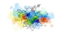 Abstract geometric network with colorful watercolor background featuring interconnected triangles, circles and tech elements for modern design projects.