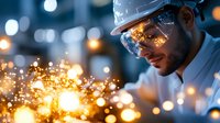 Male industrial worker in protective helmet and safety glasses observing metal welding sparks flying in manufacturing facility with dramatic lighting and bokeh effect.
