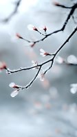Delicate cherry blossoms emerging on frost-covered branches against soft gray winter background, symbolizing resilience and the first signs of spring.