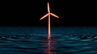 Orange wind turbine silhouette reflected in dark blue water with ripples, symbolizing renewable energy and environmental sustainability.
