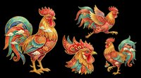Colorful ornate roosters set in folk art style, isolated on transparent background, ready for t-shirt design, stickers, sublimation, and print on demand clipart use.