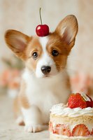 Adorable corgi puppy with cherry on head sitting next to strawberry cake slice for birthday celebration or pet party concept.