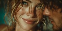 Young couple sharing intimate moment with warm golden lighting, woman with freckles smiling at camera while man whispers close to her ear in romantic setting.