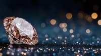 Sparkling diamond on dark glittery surface with golden bokeh lights in background, luxury jewelry concept for wedding and engagement themes.