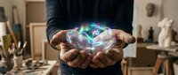 Male artist holding glowing holographic brain with colorful neural networks in creative workshop studio for innovation and artificial intelligence concepts.
