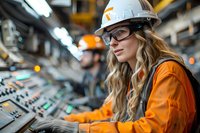 Female industrial engineer in protective helmet and orange workwear operating control panel at manufacturing facility. Modern factory automation and professional expertise concept.