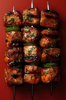 Grilled chicken skewers with green peppers and fresh herbs on metal sticks against dark red background, glazed with sweet and savory Asian-style marinade.
