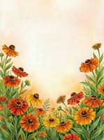 Watercolor autumn wildflower border frame with orange and yellow blooms on warm gradient background for seasonal greeting cards and invitations.