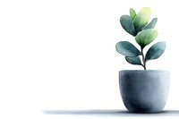 Minimalist watercolor plant in gray ceramic pot on white background, soft green leaves create serene composition for modern home decor and wellness designs.