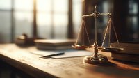 Golden scales of justice on wooden desk with legal documents in warm sunlight streaming through office windows creating professional law firm atmosphere.