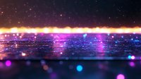 Glowing abstract background with vibrant purple and blue bokeh lights against dark surface, magical starry horizon line with golden glow creates dreamy atmosphere.