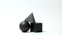 Black geometric shapes sphere cube pyramid minimalist composition on white background for modern design projects and educational materials.