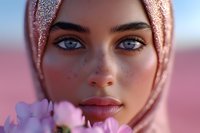 Close up portrait of young Middle Eastern woman with striking blue eyes wearing rose gold hijab, holding pink flowers against soft blurred background. Gentle natural makeup.