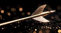 Golden arrow with decorative tail fin against dark background with bokeh lights and glitter sparkles, dramatic macro photography highlighting metallic details.