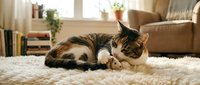 Tabby cat relaxing on cream-colored carpet in cozy living room with furniture and natural light from window. Domestic pet lounging indoors.