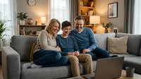 Happy family of three sitting together on gray sofa at home, parents and teenage son bonding while using laptop computer in cozy living room.