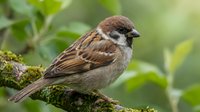 Small brown and tan sparrow perched on moss-covered branch with green foliage background, suitable for nature, wildlife, and ornithology educational materials.