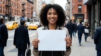 Young African American woman holding blank white paper sign on busy city street with yellow taxis and pedestrians in background for advertising mockup.
