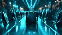 Shopping bags on illuminated catwalk with dramatic neon turquoise lighting and reflective surface creating futuristic retail fashion atmosphere.