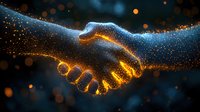 Glowing digital handshake made of luminous particles against dark background with bokeh effect, symbolizing business agreement and partnership connection.