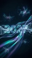 Futuristic 2027 number with glowing neon lights and energy streams in cyberpunk digital space with circuit patterns and cosmic background for tech presentations.