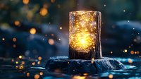 Glowing magical lantern on stone in water with golden bokeh lights creating mystical atmosphere. Enchanted forest scene with illuminated glass jar.