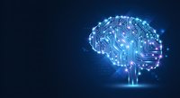 Digital brain with glowing circuit patterns and neural connections on dark blue technology background for AI and machine learning concepts.