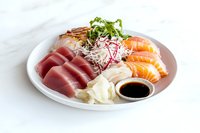 Fresh sashimi assortment with tuna and salmon slices, garnished with daikon radish, microgreens, and soy sauce served on white plate against light background.