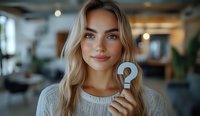 Young blonde woman holding question mark symbol in modern office space, expressing curiosity and contemplation with gentle smile. Soft natural lighting.
