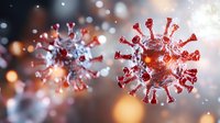 Red coronavirus particles floating with glowing bokeh lights background for medical research and pandemic awareness educational materials.
