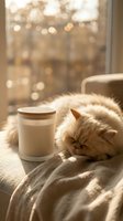 Fluffy orange tabby cat sleeping peacefully next to scented candle on cozy blanket with warm sunlight streaming through window creating relaxing atmosphere.