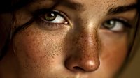 Close-up portrait of young woman with freckles and intense gaze, natural beauty concept for skincare, fashion, or beauty advertising.