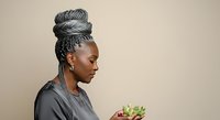 Woman with braided updo hairstyle and silver hair accessories in profile view, wearing dark clothing, isolated on neutral background for portrait and beauty design use.