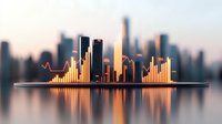 Glowing financial graph bars rise against urban skyline silhouette with water reflection, depicting market growth and city economic development at sunset.