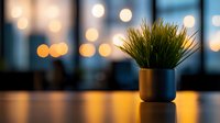 Small decorative grass plant in modern blue pot against blurred evening window with warm bokeh lights creating cozy atmosphere for home or office decor.