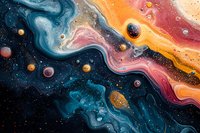 Abstract cosmic art with fluid marble texture in deep blue, orange and pink tones featuring swirling patterns and spherical elements against dark space background.