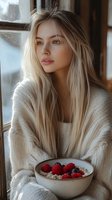 Young woman with long blonde hair in cozy white sweater sitting by window with bowl of oatmeal and fresh berries, natural morning light creates soft atmospheric mood.