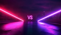 Futuristic neon corridor with glowing red and purple light beams facing each other, separated by bright "VS" text in the center. Perfect for gaming backgrounds.