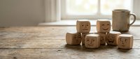 Wooden emotion cubes with various facial expressions arranged on rustic table beside coffee mug, representing feelings and emotional intelligence concepts.