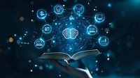 Digital brain floating over open book with glowing technology icons and network connections on dark background, representing modern education and artificial intelligence.