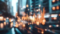Financial graph chart overlay on blurred urban cityscape with glowing bokeh lights, modern business analytics concept for investment and trading.